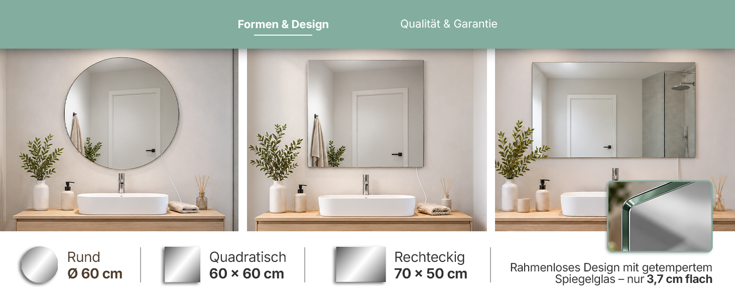 Heidenfeld Infrarotspiegel in rund, quadratisch und rechteckig mit rahmenlosem Design, temperiertem Spiegelglas und nur 3,7 cm Tiefe.